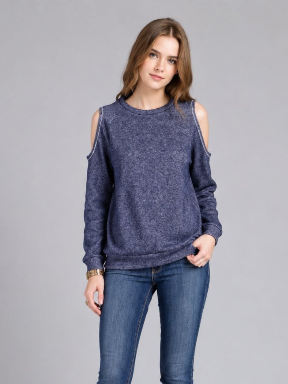 A067-A • Navy Cold Shoulder Crew Neck Pullover Sweater
